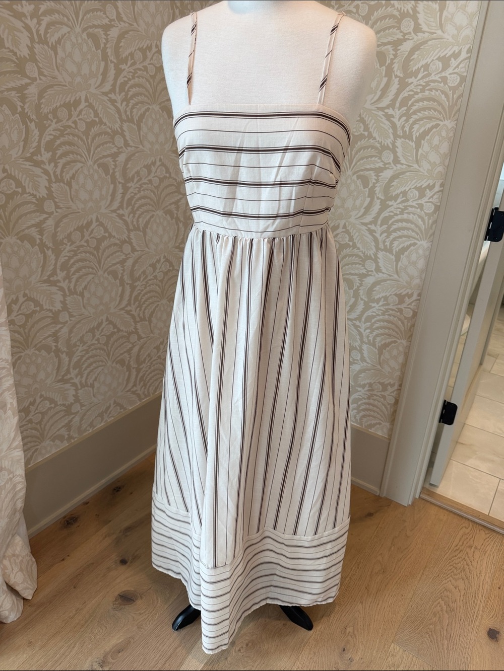 Striped Spaghetti-Strap Maxi Dress in Cream and Black